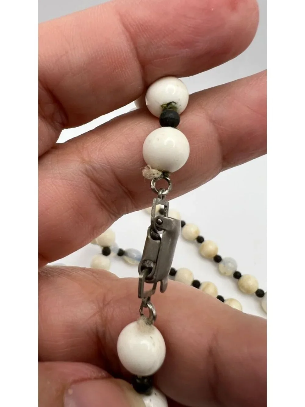 Vintage Multi-Strand White & Opalescent Beaded Necklace With Metal Clasp